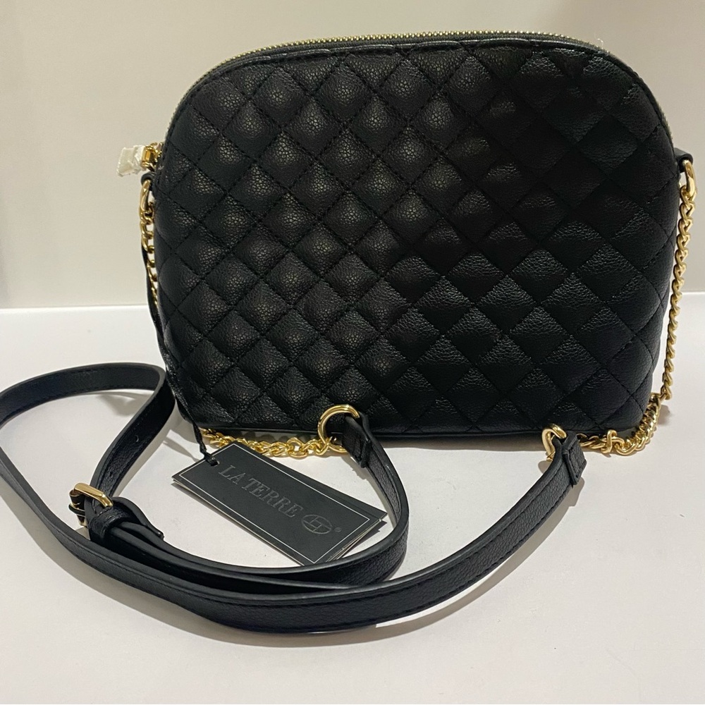 La Terre Black Quilted Vegan Leather Crossbody Bag Gold Chain Accent Purse